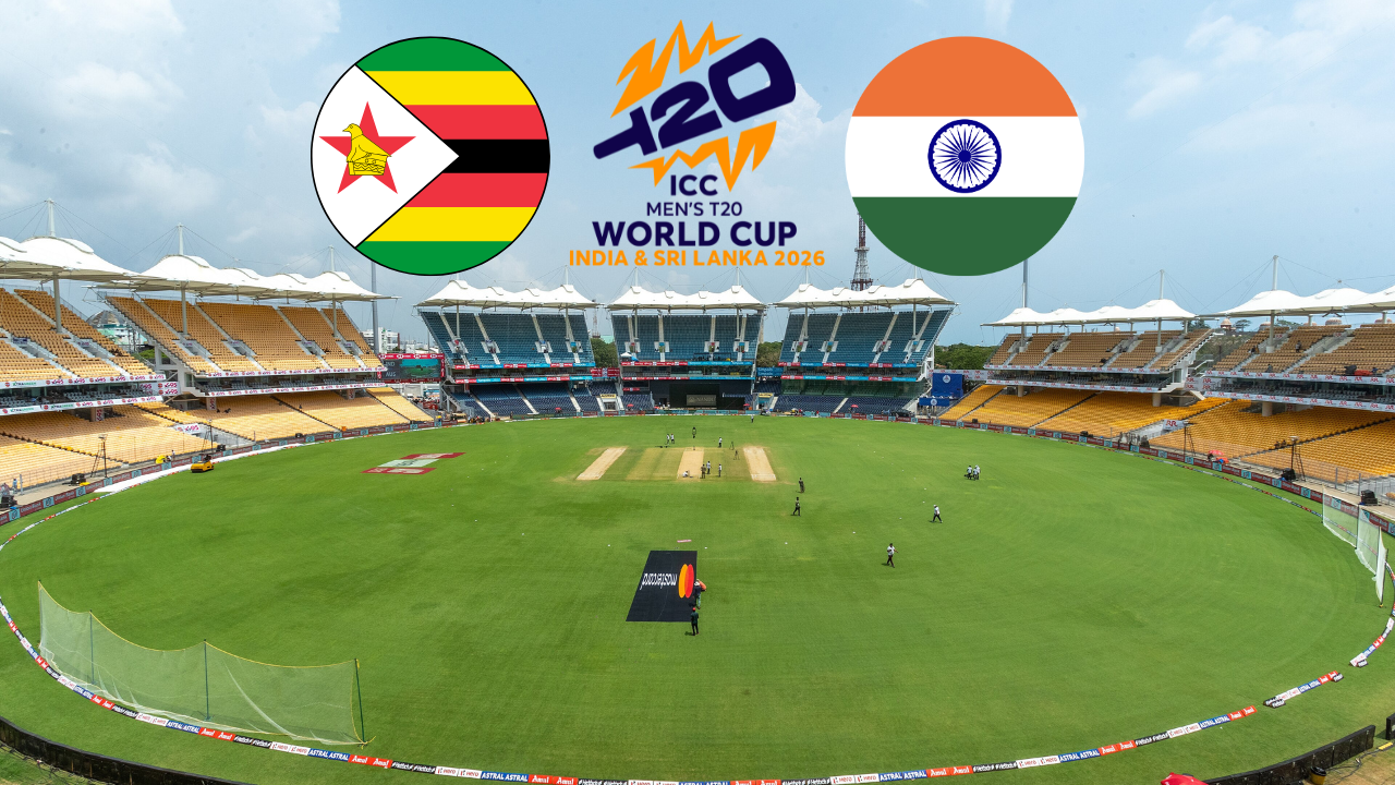 MA Chidambaram Stadium in Chennai hosting ICC Men’s T20 World Cup 2026 match graphic featuring India and Zimbabwe flags.