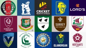 Collage of international and county cricket club logos including Afghanistan, Bangladesh, BCCI, Surrey, Queensland, Glamorgan, Northants, and Lord’s Cricket Ground.