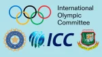 Logos of the International Olympic Committee, International Cricket Council, Board of Control for Cricket in India, and Bangladesh Cricket Board on a light blue background