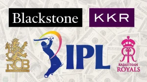IPL logo alongside Royal Challengers Bengaluru (RCB), Rajasthan Royals, Blackstone and KKR logos, representing investment interest in Indian Premier League franchises.