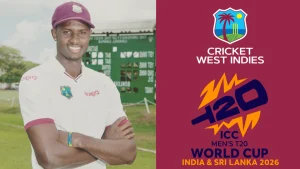 Jason Holder pictured alongside Cricket West Indies and ICC Men’s T20 World Cup 2026 logos, highlighting West Indies’ involvement in the tournament.