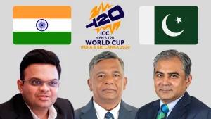 Jay Shah, Aminul Islam and Mohsin Naqvi featured with ICC Men’s T20 World Cup 2026 logo and the flags of India and Pakistan.