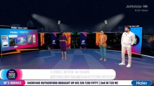 Irfan Pathan and Piyush Chawla on JioHotstar’s Haier Match Centre Live studio during a T20 World Cup broadcast.