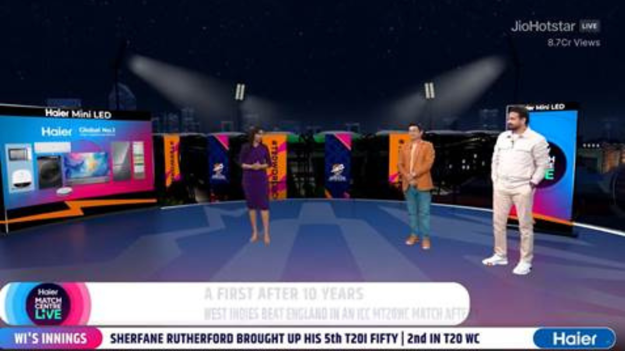 Irfan Pathan and Piyush Chawla on JioHotstar’s Haier Match Centre Live studio during a T20 World Cup broadcast.