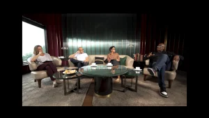 Ian Bishop and Nasser Hussain during a panel discussion on JioStar’s The Experts’ View, seated with fellow analysts in a studio setting discussing cricket.