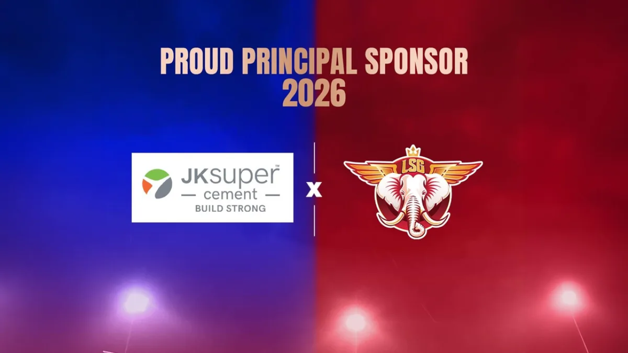 JK Super Cement announced as principal sponsor of Lucknow Super Giants (LSG) for the 2026 IPL season, featuring official logos on a blue and red background.