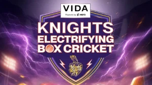 Promotional graphic for Kolkata Knight Riders electrifying box cricket event powered by VIDA and Hero with lightning background and KKR logo.