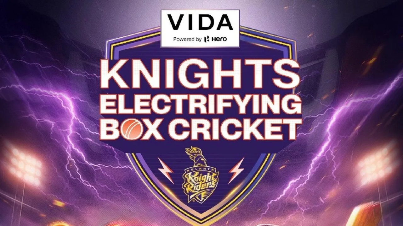 Promotional graphic for Kolkata Knight Riders electrifying box cricket event powered by VIDA and Hero with lightning background and KKR logo.