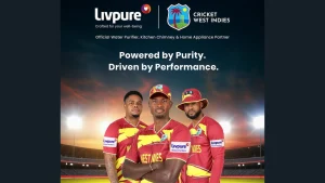 Livpure announced as official water purifier partner of Cricket West Indies, featuring West Indies players in team jerseys at a stadium.