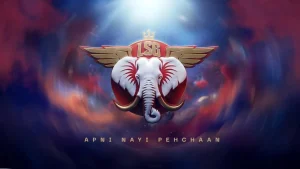 Lucknow Super Giants (LSG) new logo reveal with winged elephant emblem and “Apni Nayi Pehchaan” tagline against a dramatic blue and red background.