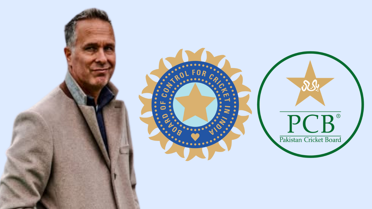 Michael Vaughan with BCCI and PCB logos, representing commentary on India vs Pakistan cricket relations or matches