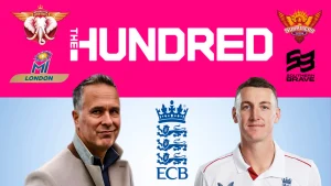 Michael Vaughan and Harry Brook alongside ECB and The Hundred branding with Manchester Super Giants, MI London, Southern Brave and Sunrisers Leeds logos.