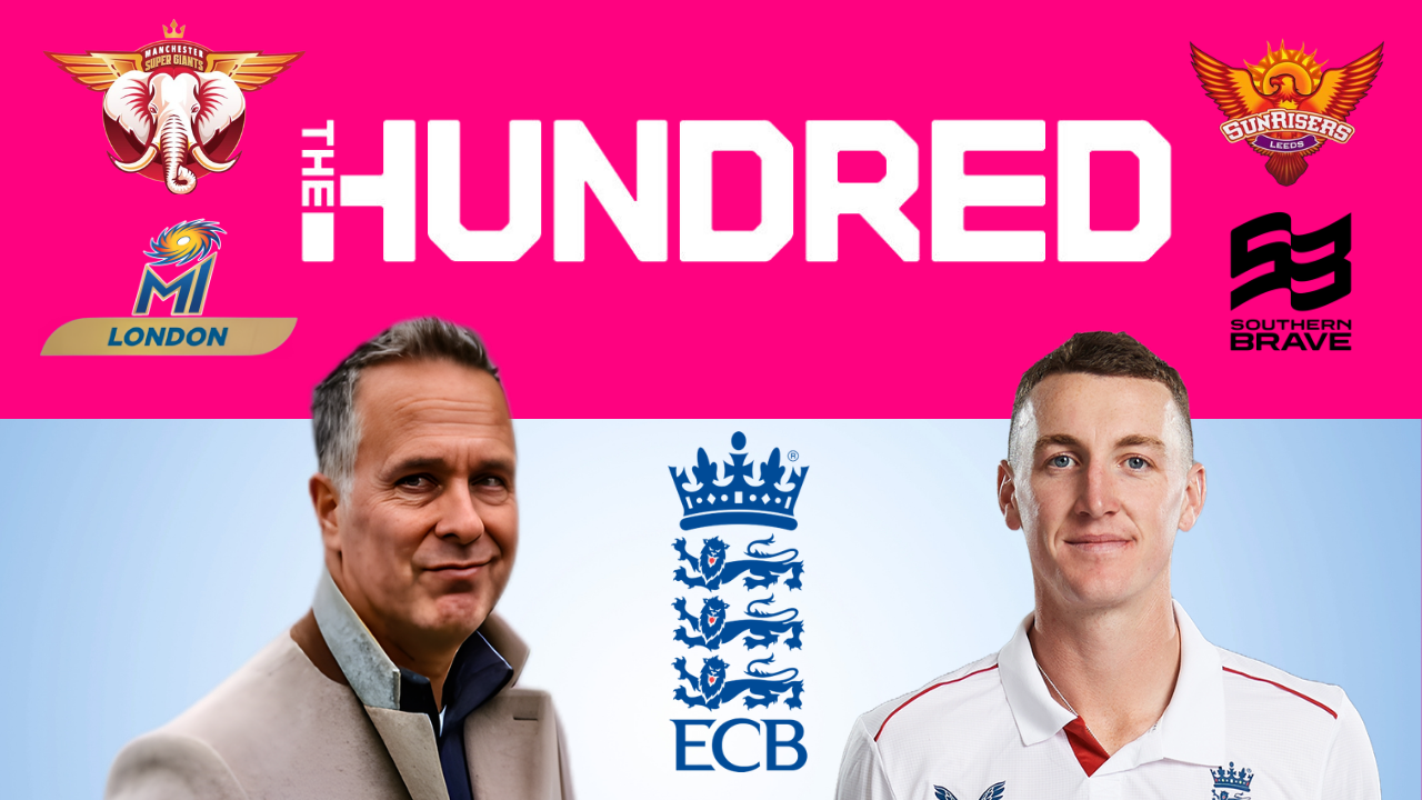 Michael Vaughan and Harry Brook alongside ECB and The Hundred branding with Manchester Super Giants, MI London, Southern Brave and Sunrisers Leeds logos.
