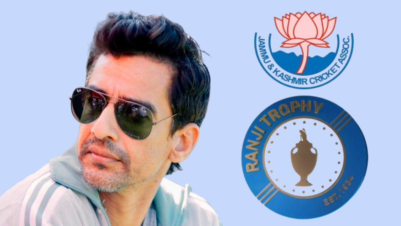 Mithun Manhas pictured alongside the Jammu and Kashmir Cricket Association (JKCA) and Ranji Trophy logos.