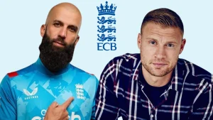 Moeen Ali and Andrew Flintoff pictured alongside the ECB logo representing England cricket.