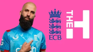 Moeen Ali in England cricket kit alongside the ECB crest and The Hundred logo on a pink background.
