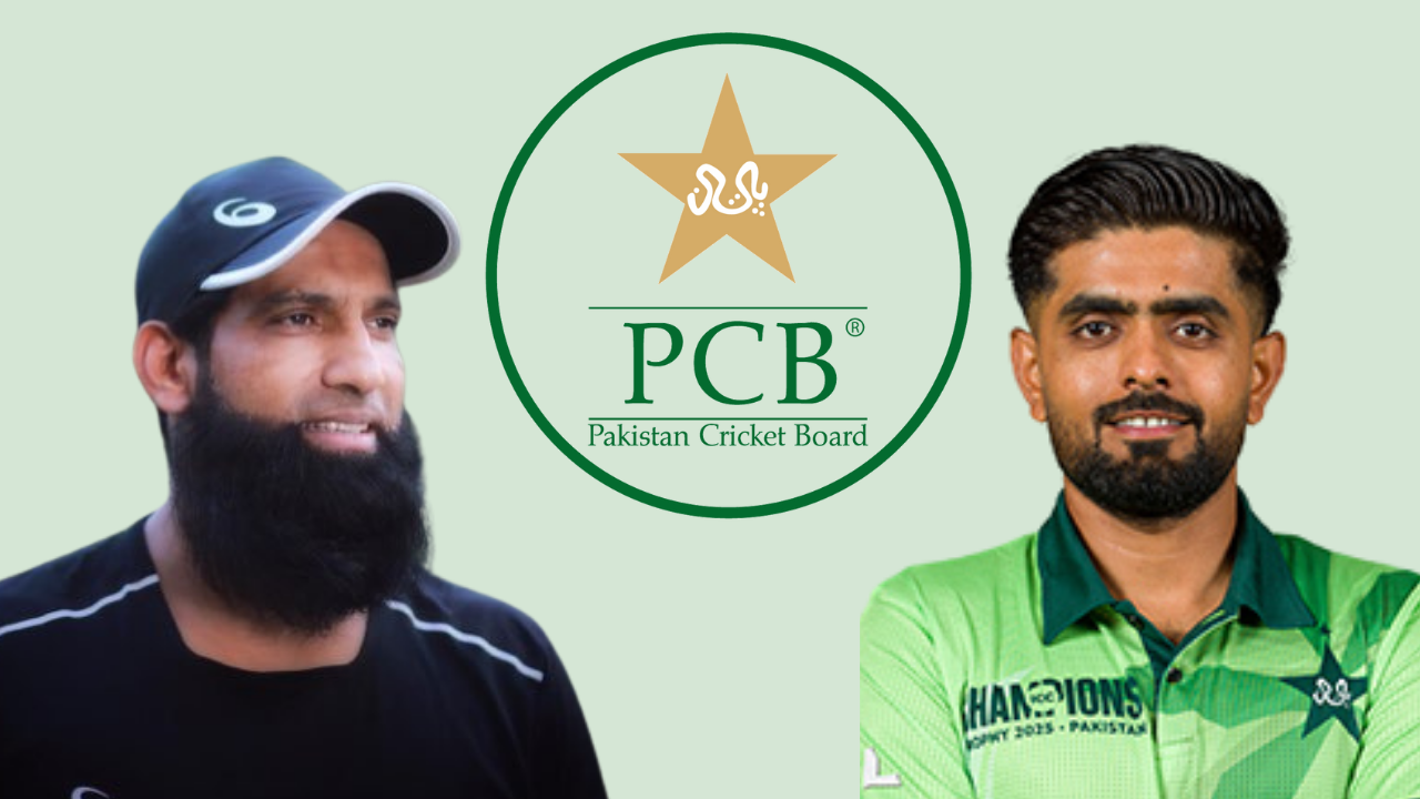 Mohammad Yousuf and Babar Azam alongside the Pakistan Cricket Board (PCB) logo, representing Pakistan national cricket team leadership.