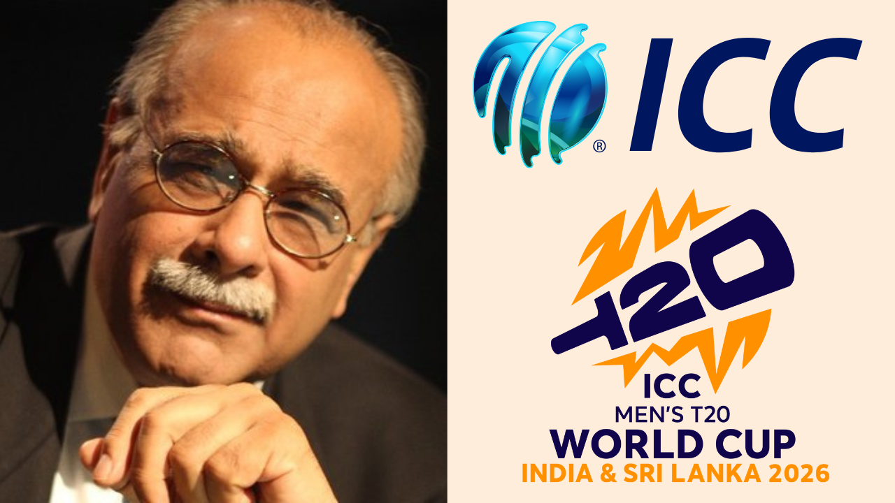 Najam Sethi portrait alongside ICC and ICC Men’s T20 World Cup 2026 India and Sri Lanka logos.