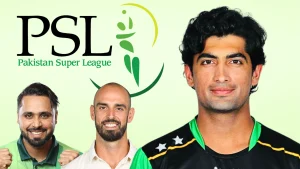 Naseem Shah, Daryl Mitchell and Faheem Ashraf pictured alongside the Pakistan Super League (PSL) logo on a light green background.