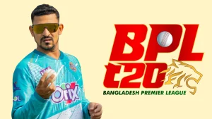Nasir Hossain holding a cricket ball alongside the BPL 2025 Bangladesh Premier League logo graphic.
