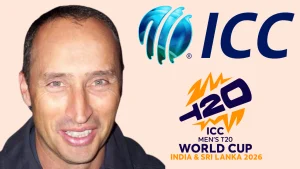 Nasser Hussain with ICC and ICC Men’s T20 World Cup 2026 logos, representing the tournament hosted in India and Sri Lanka.