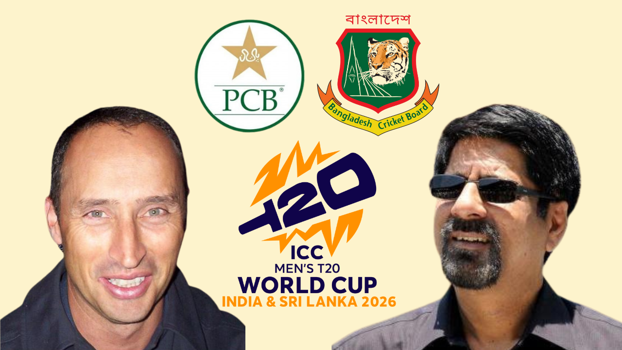 Nasser Hussain and Kris Srikkanth alongside PCB and BCB logos with ICC Men’s T20 World Cup 2026 India & Sri Lanka branding.
