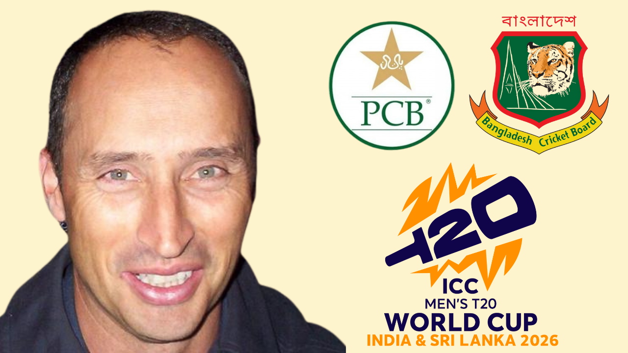 Former England cricketer Nasser Hussain with logos of Pakistan Cricket Board, Bangladesh Cricket Board, and ICC Men's T20 World Cup 2026