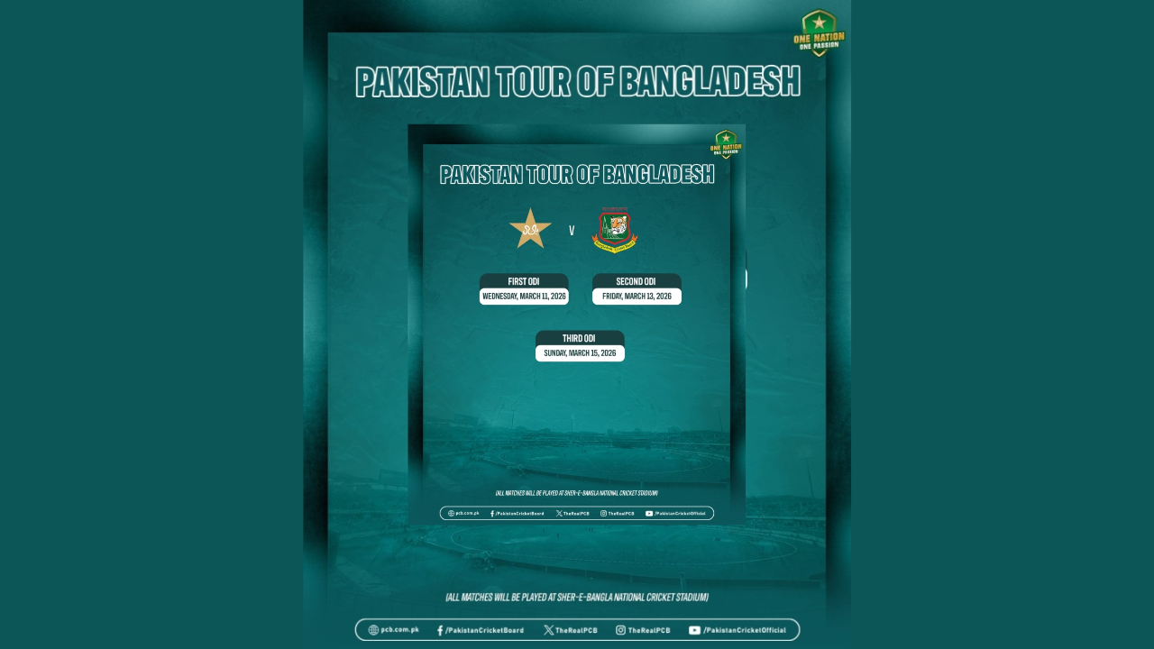 Pakistan tour of Bangladesh 2026 ODI series schedule featuring match dates at Sher-e-Bangla National Cricket Stadium in Dhaka.