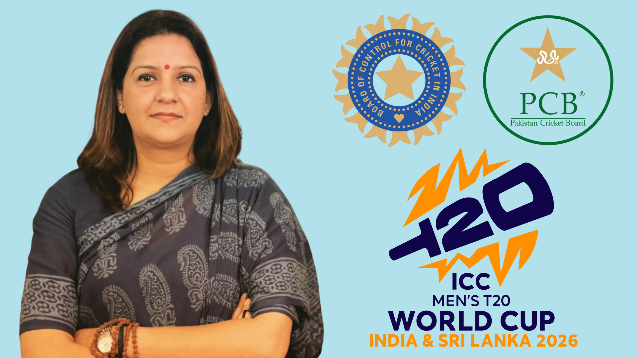 Priyanka Chaturvedi with BCCI and PCB logos alongside ICC Men’s T20 World Cup 2026 India & Sri Lanka branding.