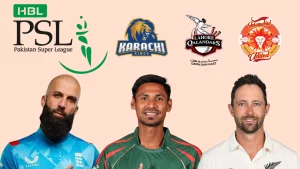 PSL 2026 promotional image featuring Moeen Ali, Mustafizur Rahman, and Devon Conway with logos of Islamabad United, Karachi Kings, and Lahore Qalandars