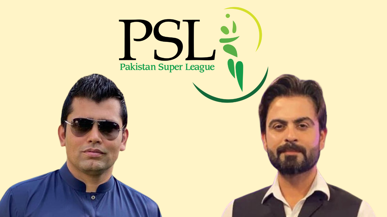 PSL Pakistan Super League logo with Kamran Akmal and Ahmed Shehzad in a promotional graphic.