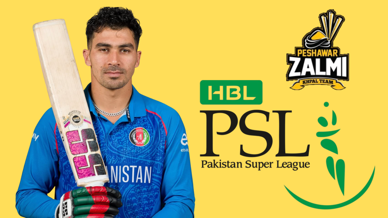 Rahmanullah Gurbaz in Afghanistan jersey holding a cricket bat, with Peshawar Zalmi and HBL Pakistan Super League (PSL) logos in the background.
