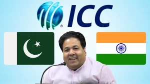 Rajeev Shukla speaking at an event with ICC logo and flags of India and Pakistan in the background