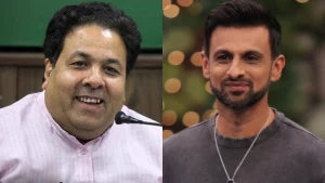 Rajeev Shukla and Shoaib Malik pictured together during a cricket-related event or discussion.