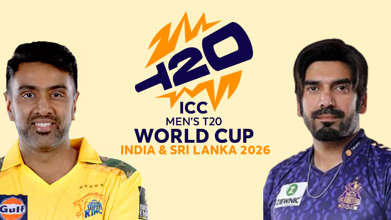 Ravi Ashwin and Usman Tariq pictured alongside the ICC Men’s T20 World Cup 2026 India and Sri Lanka logo on a beige background.