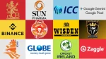 Collage featuring logos of RCB, ICC, Binance, Wisden, Cricket Ireland, Sun Pharma, Google Gemini, Globe, Zaggle and other cricket-related brands and teams.