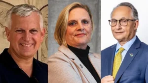 Portraits of Rohan Lund, Tracey Orr and Yuvraj Narayan in a composite image highlighting corporate leadership.