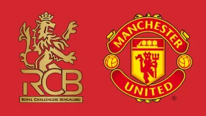 Royal Challengers Bengaluru (RCB) and Manchester United club logos displayed side by side on a red background.