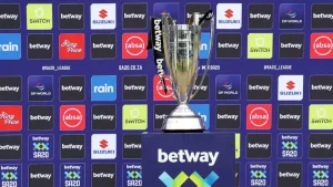 SA20 trophy on display in front of Betway-branded backdrop during South Africa’s T20 league event.