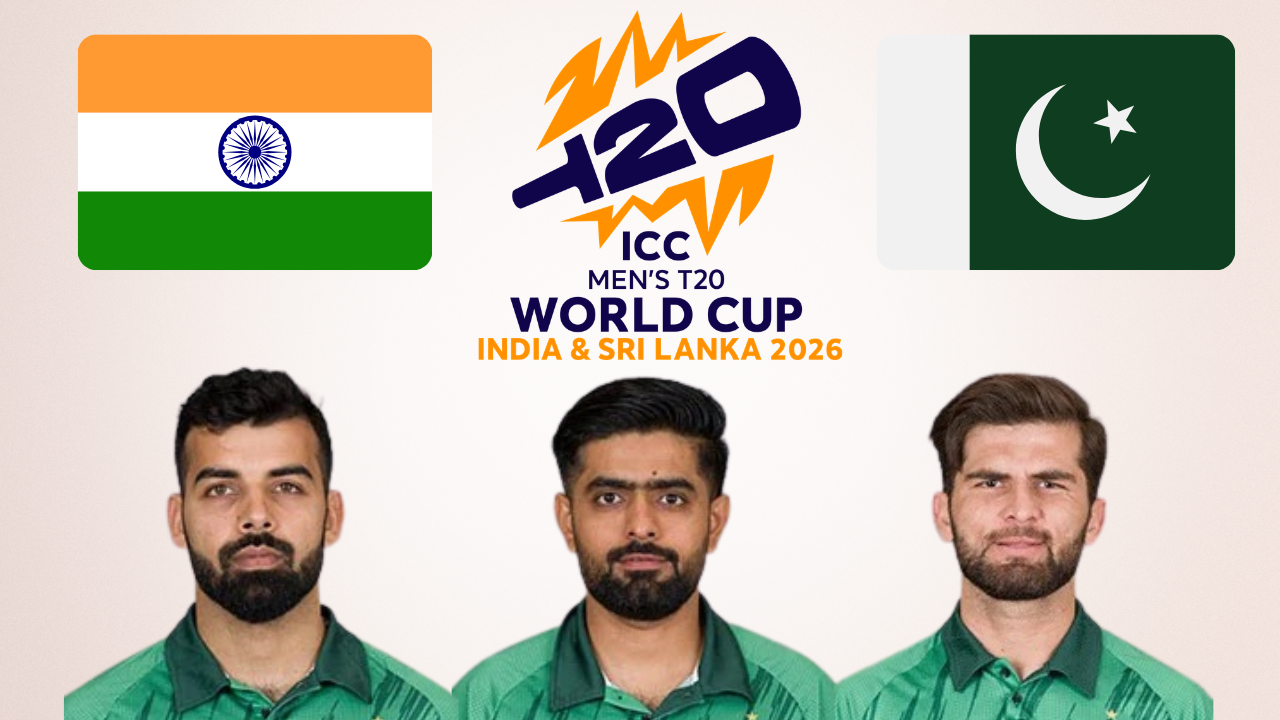 Shadab Khan, Babar Azam and Shaheen Shah Afridi featured with the ICC Men’s T20 World Cup 2026 logo alongside the flags of India and Pakistan.