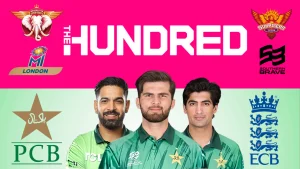 Shaheen Shah Afridi, Haris Rauf and Naseem Shah pictured with PCB and ECB logos alongside The Hundred and franchise team logos including Manchester Super Giants, MI London, Southern Brave and Sunrisers Leeds.