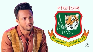 Shakib Al Hasan alongside the Bangladesh Cricket Board (BCB) logo featuring the tiger emblem.