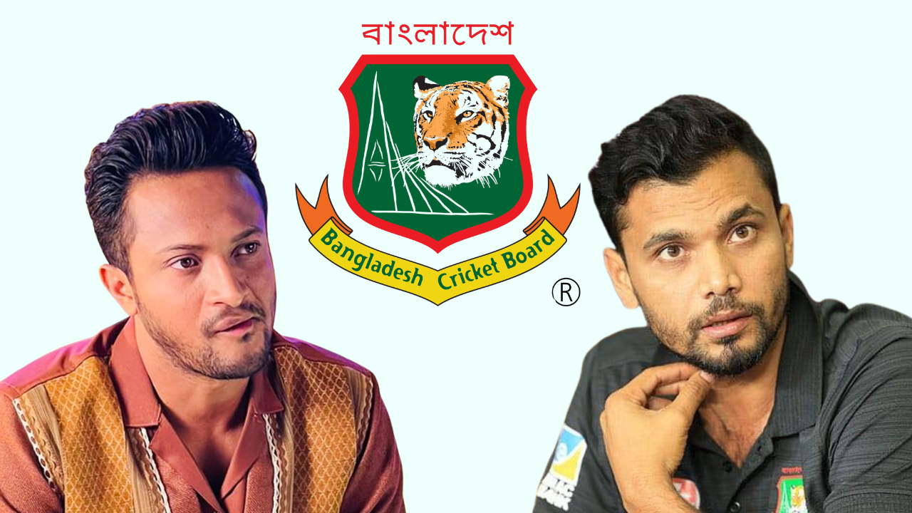 Shakib Al Hasan and Mashrafe Mortaza pictured alongside the Bangladesh Cricket Board (BCB) logo.