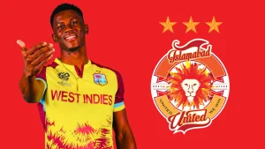 Shamar Joseph in West Indies jersey alongside Islamabad United PSL logo in a promotional graphic.