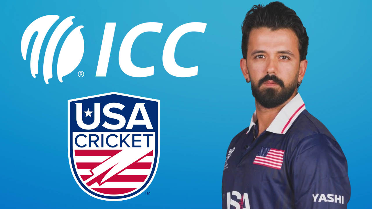 USA cricketer Shayan Jahangir pictured alongside ICC and USA Cricket logos in promotional graphic.