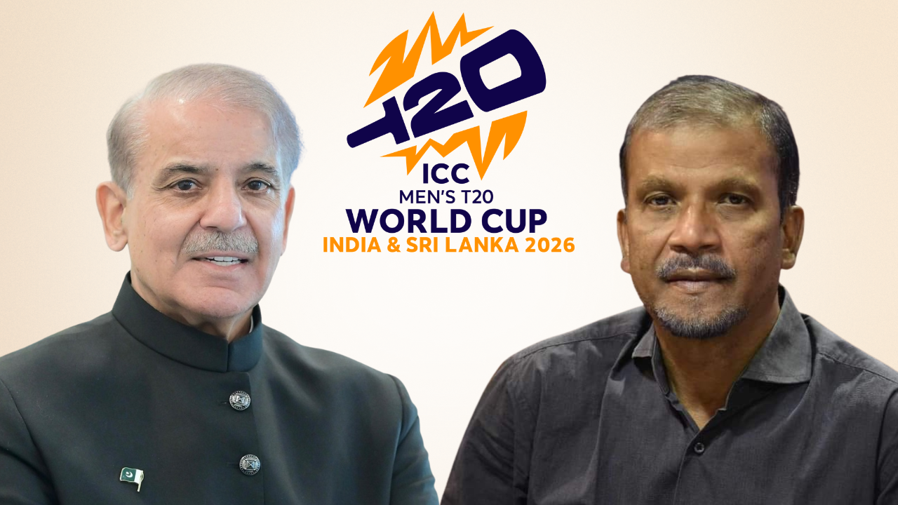 Pakistan Prime Minister Shehbaz Sharif and Bangladesh Sports Advisor Asif Nazrul with ICC Men's T20 World Cup 2026 logo for India and Sri Lanka