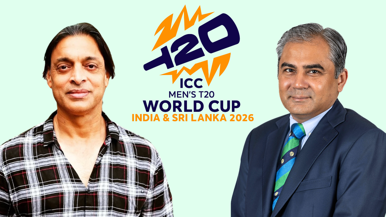 Shoaib Akhtar and Mohsin Naqvi pictured alongside the ICC Men’s T20 World Cup 2026 logo, highlighting Pakistan’s involvement in the upcoming tournament.