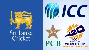 Logos of Sri Lanka Cricket, ICC, PCB, and ICC Men’s T20 World Cup 2026, representing international cricket bodies and tournament hosts.