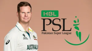 Australian cricketer Steve Smith pictured alongside the Pakistan Super League (PSL) logo, indicating potential involvement in the 2026 season.