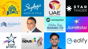 Sunil Gavaskar featured in a collage with Chennai Super Kings, Emirates Cricket Board, Star Sports, JioHotstar and other sponsor logos.